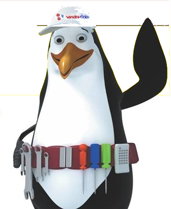 Mascote da SandreFrio — pinguim com cinto de ferramentas