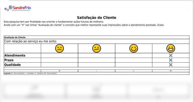 Pesquisa de satisfação do cliente preenchida ao fim do atendimento